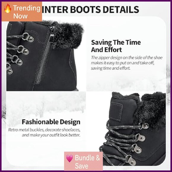 Women's Winter Ankle Boots Fur Lined Non Slip Hiking Snow Boots Zipper - Picture 5 of 8